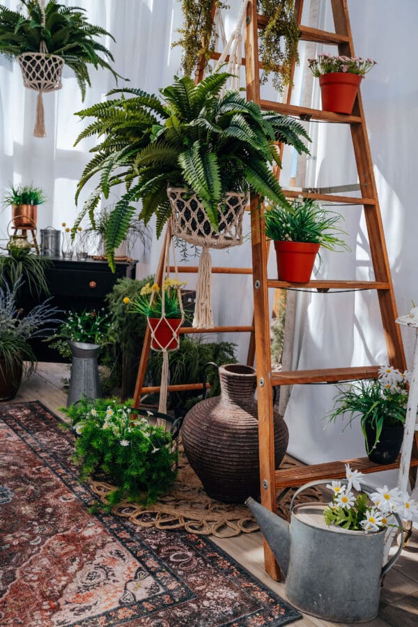 A plant stand with plants in it and other potted plants.