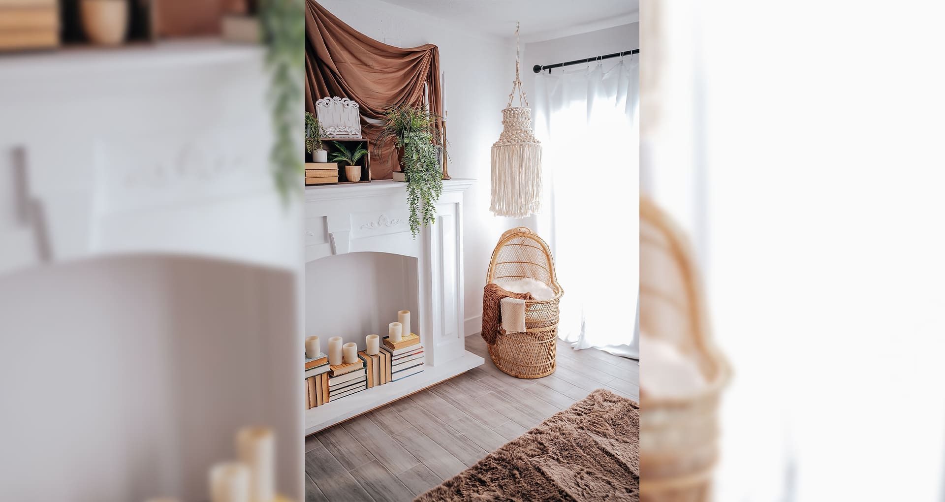 A room with a fireplace and a rug.